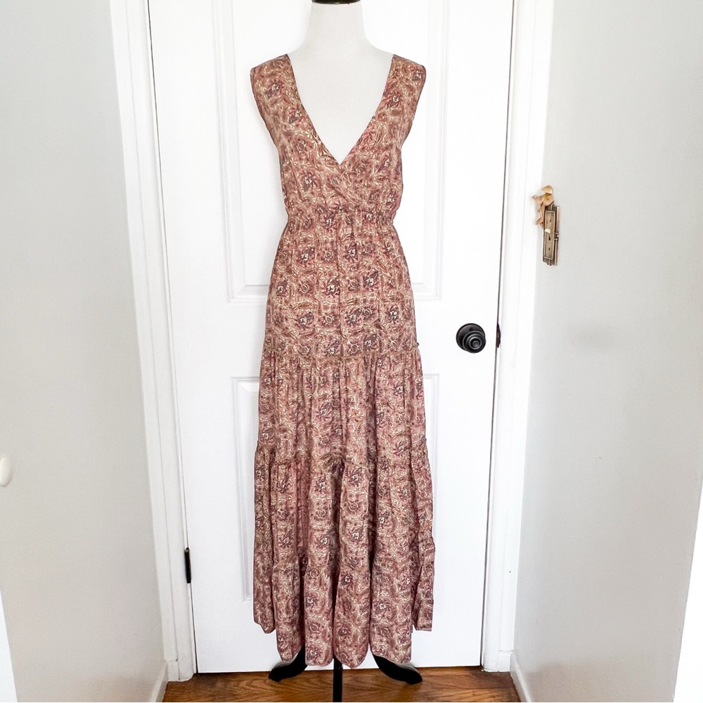 Paani Pink and Gold Tiered Floral Maxi Dress with V-Neck - medium